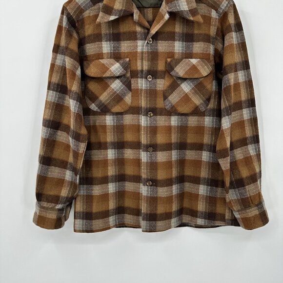 vintage 60s PENDLETON BOARD SHIRT plaid 100% wool long sleeve brown XS S - Picture 3 of 8